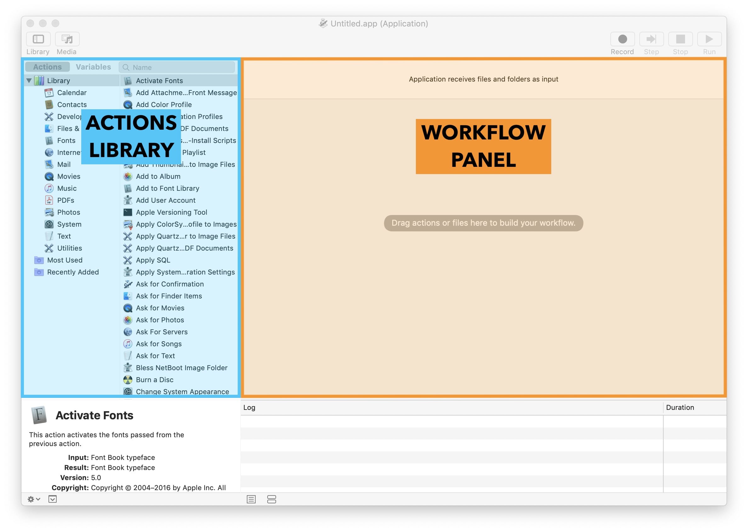 Actions library on the left and workspace on the right