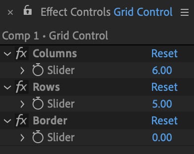 Slider controls in the Null Effect Controls Panel.
